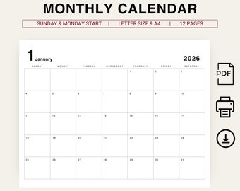Calendário 2026 Planejador mensal 2026 Calendário mínimo 2026 Planejador paisagístico 2026 Calendário anual 2026 Calendário minimalista 2026 para impressão PDF