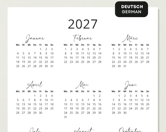 Kalender 2027 Kalender Deutsch Kalender zum Ausdrucken 2027 Deutschland PDF STAMPABILE Minimalista 2027 Calendario Ritratto Tedesco A3 A4