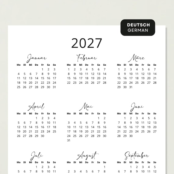 Kalender 2027 Kalender Deutsch Kalender zum Ausdrucken 2027 Deutschland PRINTABLE PDF Minimalist 2027 Calendar Portrait German A3 A4