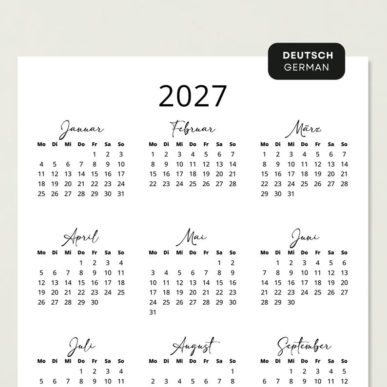 Kalender 2027 Kalender Deutsch Kalender zum Ausdrucken 2027 Deutschland PRINTABLE PDF Minimalist 2027 Calendar Portrait German A3 A4
