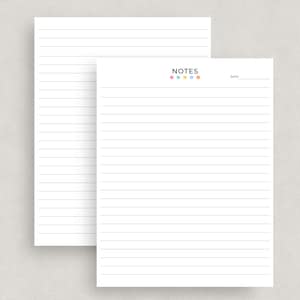 May include: Two white lined notepads. The notepad on the right has the word "NOTES" above the lines, with a series of colored dots. There is a space for the date. The notepad on the left is a full page of lined paper.