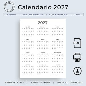 Puede incluir: Calendario 2027 en blanco y negro en español. El calendario es un diseño de una página con inicio en domingo y lunes. Está disponible en tamaños A3, A4 y carta. El calendario es un PDF imprimible y se puede imprimir en casa o descargar al instante.