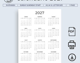 Calendario 2027 Calendario en Español 2027 Calendario Imprimible Calendario Español 2027 Calendario de Pared Minimalista Imprimible Tamaño Carta A3 A4