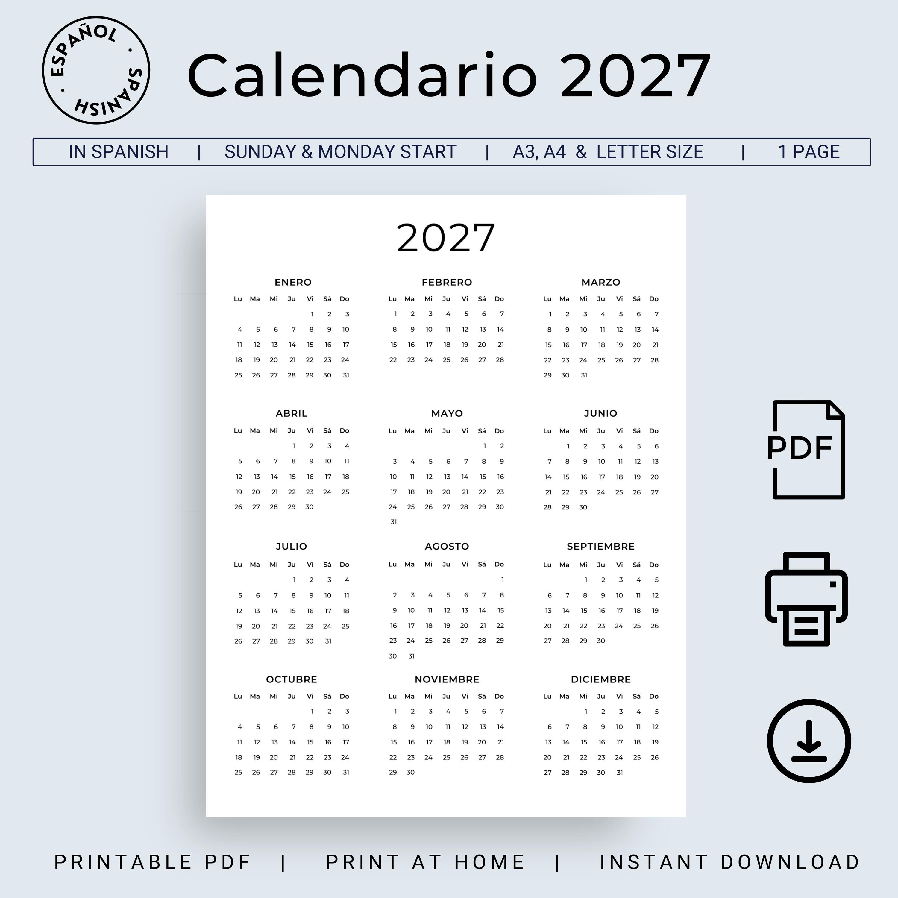 Calendario 2027 Calendario En Español 2027 Calendario Imprimible Calendar Spanish 2027 Printable Minimalist Wall Calendar A3 A4 Letter Size - Etsy Hong Kong