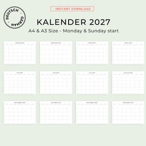 2027 Kalender 2027 Monatskalender 2027 Minimalist German Monthly Calendar PRINTABLE PDF 2027 Monthly Planner Germany A3 A4 Instant Download