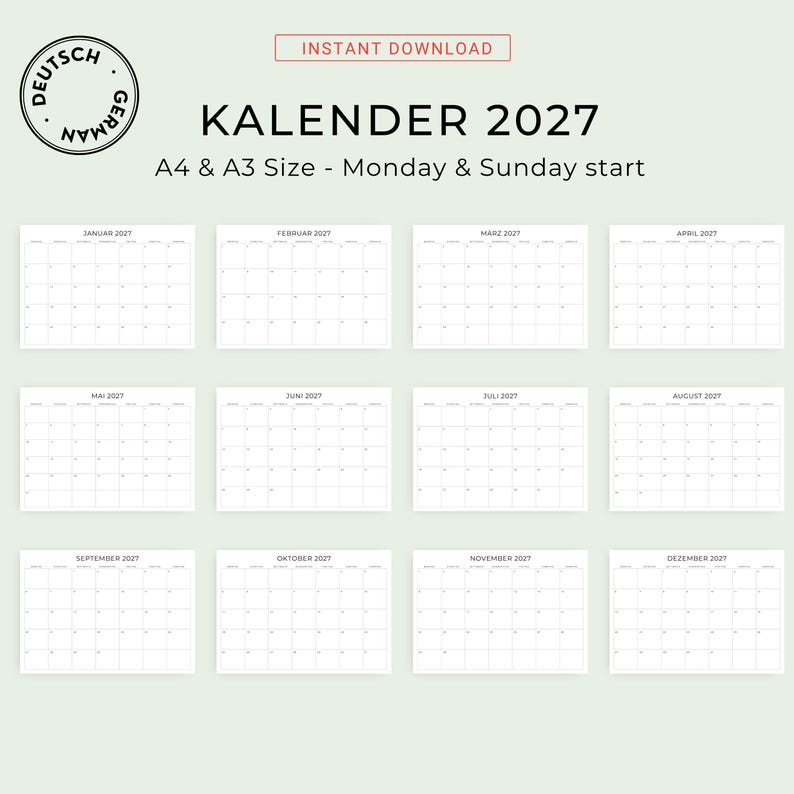 2027 Kalender 2027 Monatskalender 2027 Minimalist German Monthly Calendar PRINTABLE PDF 2027 Monthly Planner Germany A3 A4 Instant Download