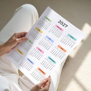 2027 Yearly Calendar 2027 Wall Calendar Printable 2027 Calendar Portrait A3 A4 US Letter Color Desk Planner 2027 PDF Sunday & Monday Start