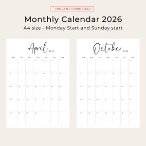 Printable 2026 Calendar 2026 Monthly Planner PDF Vertical Elegant Wall Calendar Sunday & Monday Start 2025 A4 Letter Size Desk Calendar 2026
