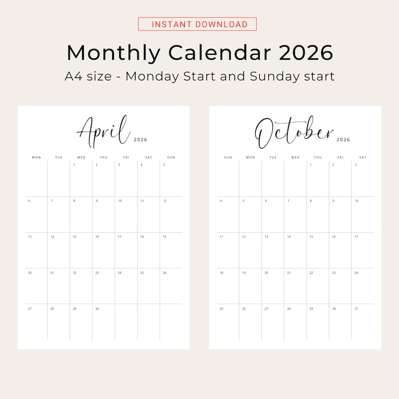 Printable 2026 Calendar 2026 Monthly Planner PDF Vertical Elegant Wall Calendar Sunday & Monday Start 2025 A4 Letter Size Desk Calendar 2026
