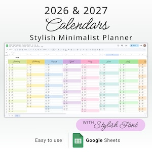 Puede incluir: Un planificador digital para 2026 y 2027, mostrado en una pantalla de ordenador. El planificador tiene un diseño minimalista y elegante con un diseño mensual colorido. El texto incluye "Calendarios", "Planificador minimalista elegante", "Fácil de usar" y "Google Sheets".
