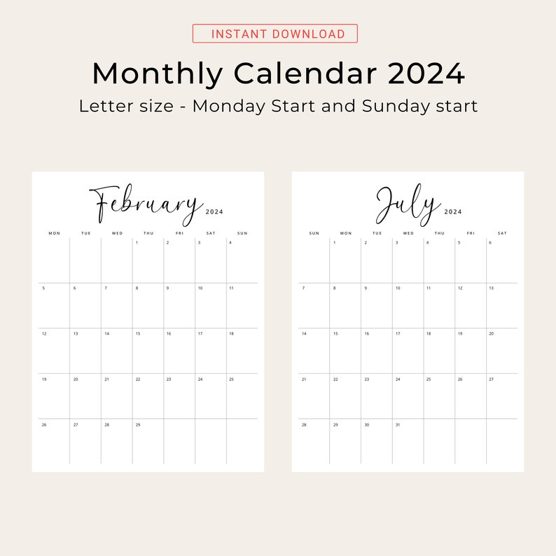 2024 Calendar 2024 Monthly Planner Printable Vertical Monthly Calendar