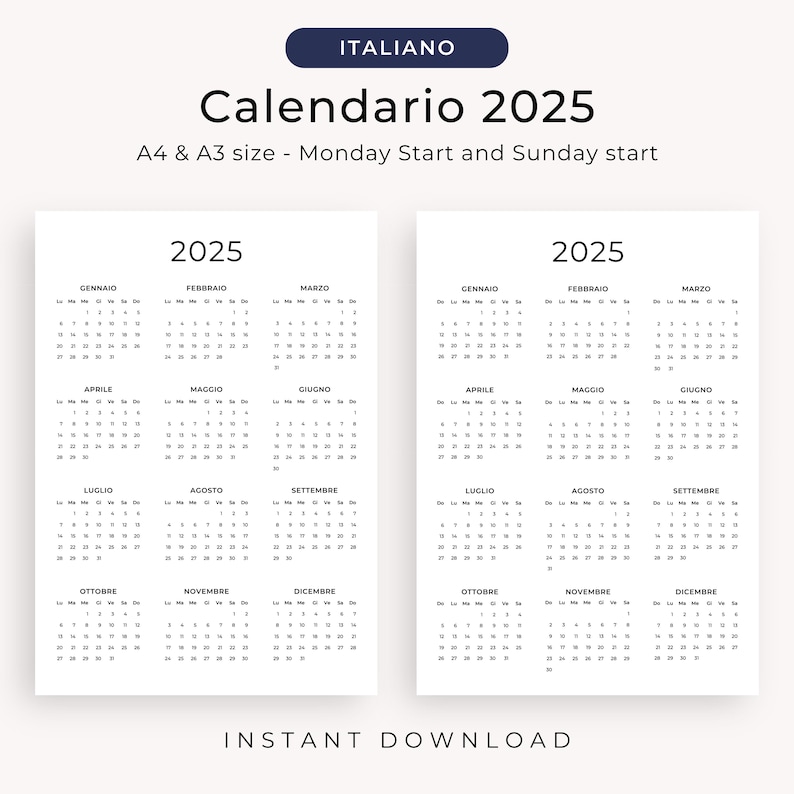 Calendario 2025 Calendario Annuale 2025 Calendario in Italiano 2025 PRINTABLE Italian Calendar