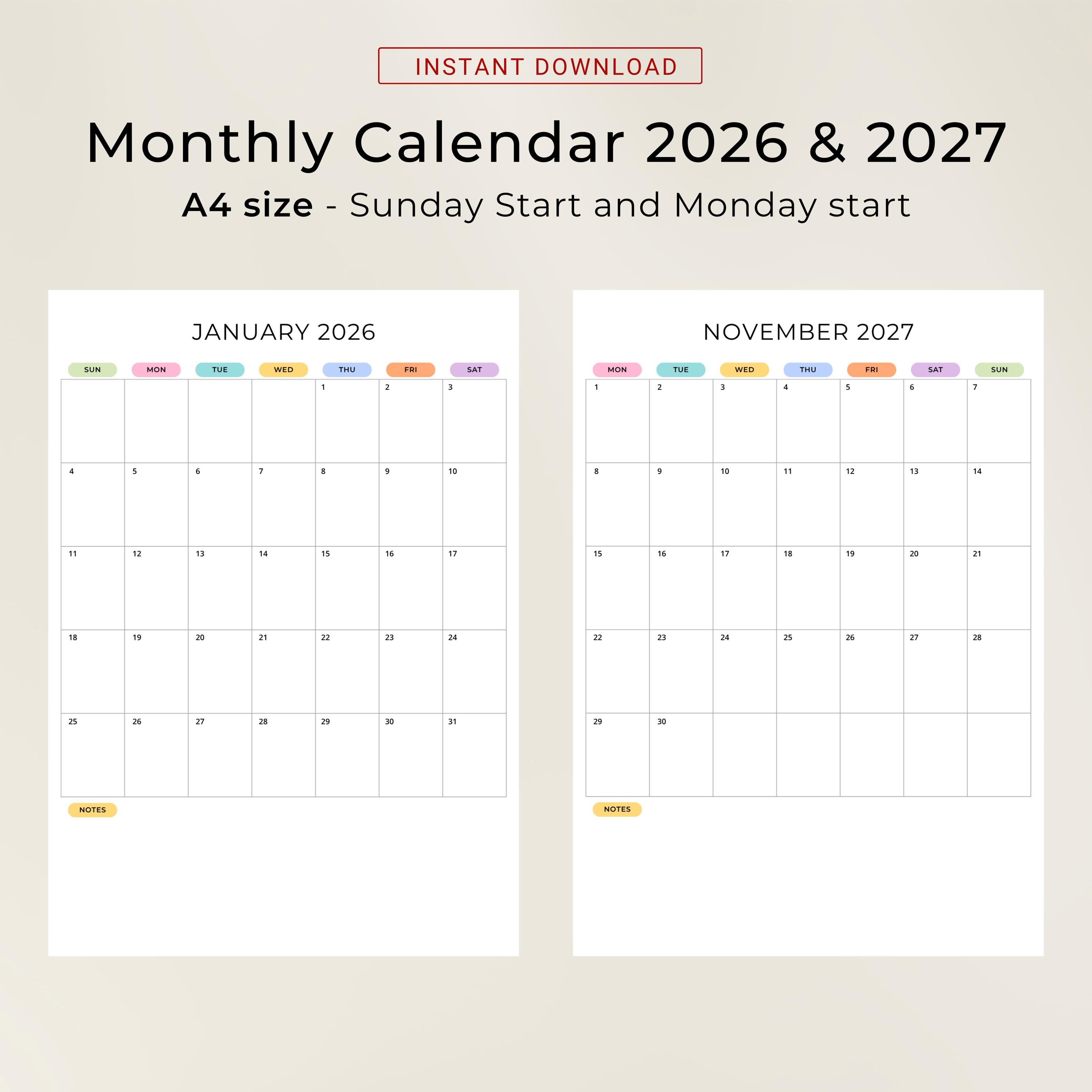 2026 2027 Monthly Planner 2026-2027 Monthly Calendar Portrait Color