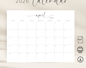 2026 Calendar 2026 Monthly Planner Landscape Elegant Monthly Calendar Sunday Start Monday Start 2026 Wall Calendar Monthly PRINTABLE PDF