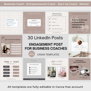 May include: A collage of 10 social media post templates for business coaches. The templates are designed in a minimalist style with a neutral color palette of beige, white, and black. The templates feature text such as "30 LinkedIn Posts", "Engagement Post for Business Coaches", "Help me choose", "The Change of Advertisement Method", and "Don't stop until you are proud".
