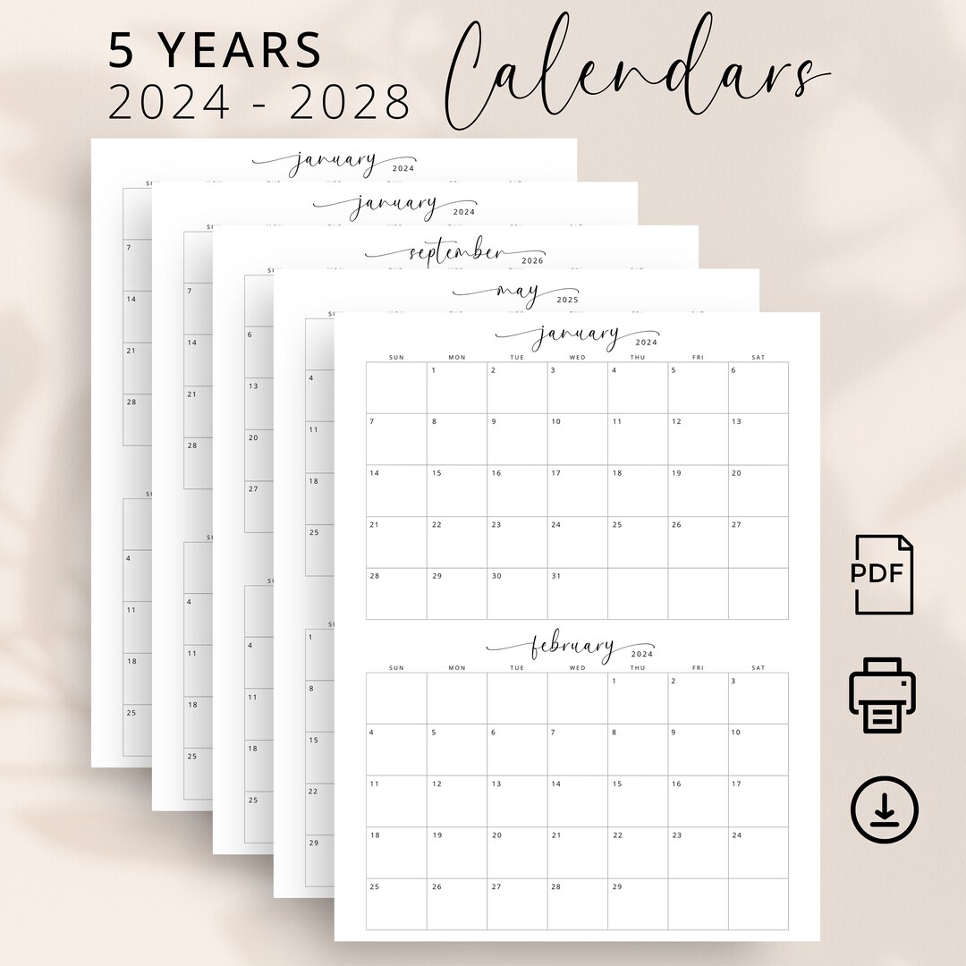 2024 to 2028 Printable Calendar 5 Years Calendar PDF 2 Months per Page ...