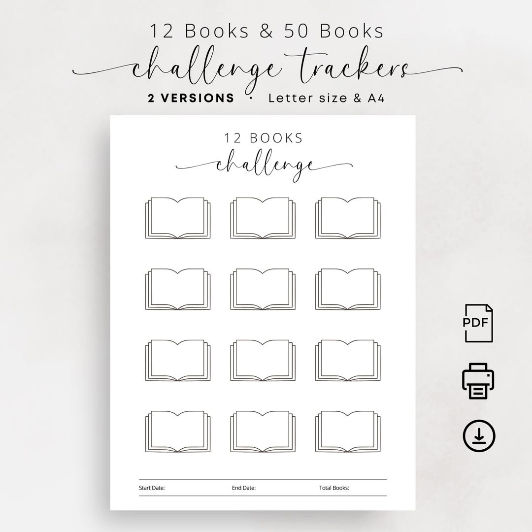 12 Books & 50 Books Reading Challenge Tracker Printable Reading Log ...