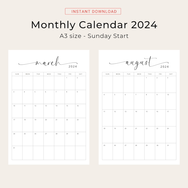 2024 Calendar 2024 Planner A3 Monthly Calendar 2024 Vertical Calendar