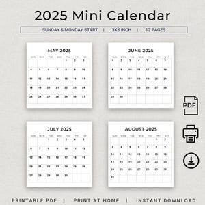 Mini planejador 2025 3 x 3 polegadas, mini calendário 2025, planejador pequeno faça você mesmo para 2025, PDF para impressão, rastreador mensal minimalista, início de segunda e domingo