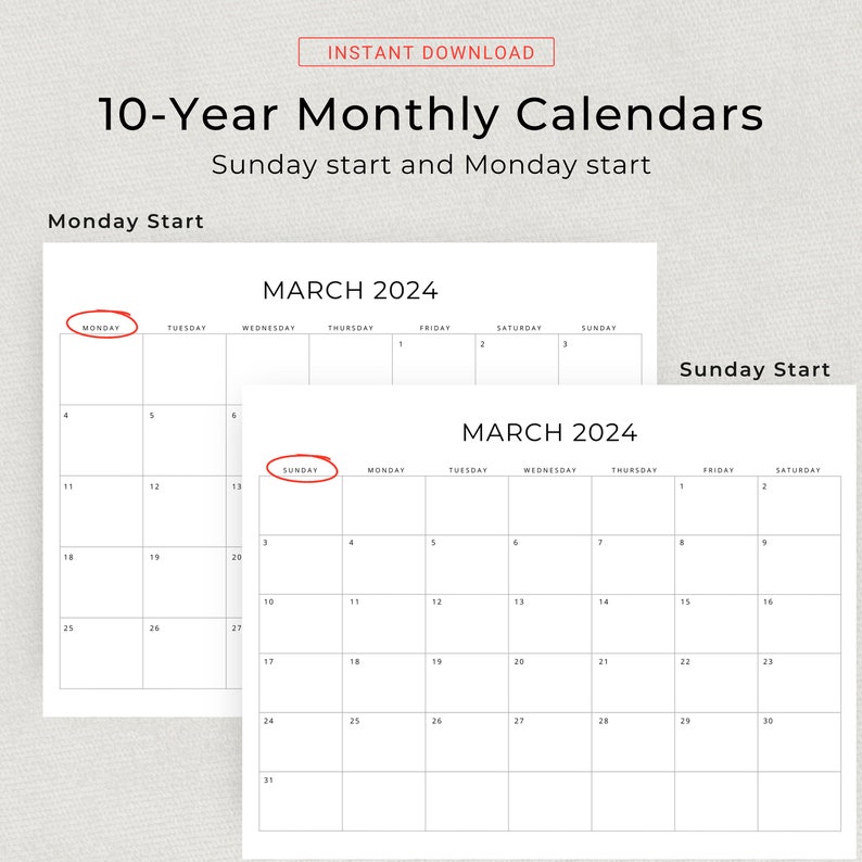 10 Years Calendar 2024 to 2033 Calendar PRINTABLE Landscape 10 Years