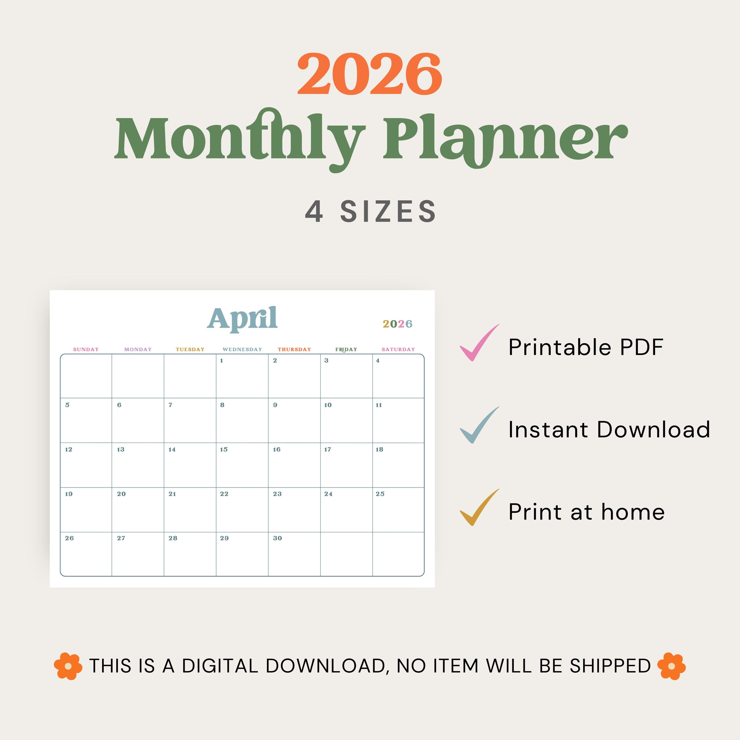 2026 Monthly Planner 2026 Calendar Printable PDF Landscape Colorful