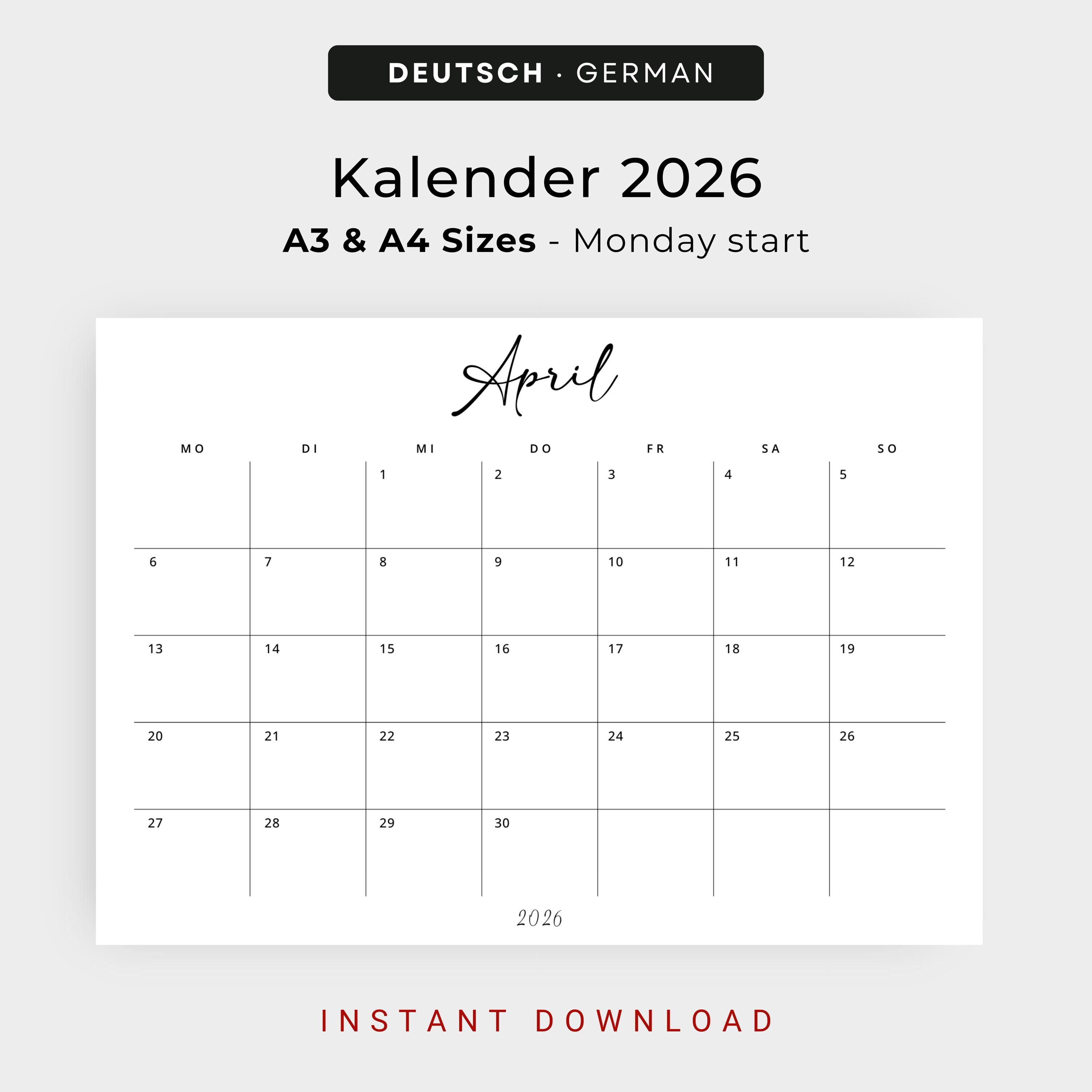 2026 Kalender 2026 Kalender Deutsch Monatsplaner Landscape PRINTABLE