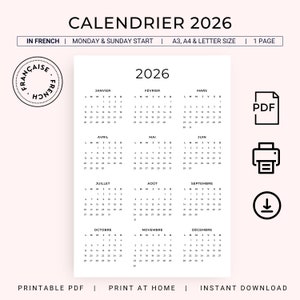 Calendario 2026 Français 2026 Calendrier Annuel 2026 Imprimible Calendario en francés 2026 PDF Calendario anual Francés PDF Vertical A3 A4 Carta