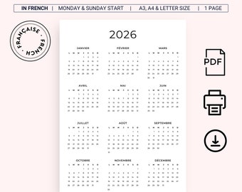 Calendrier 2026 Français 2026 Calendrier Annuel 2026 Imprimable Calendar in French 2026 PDF Yearly Calendar French PDF Vertical A3 A4 Letter