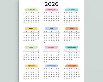 Jaarkalender 2026 Afdrukbare kalender 2026 Wandkalender 2026 staand A3 A4 US Letter Color Desk Planner 2026 pdf Zondag en maandag Start