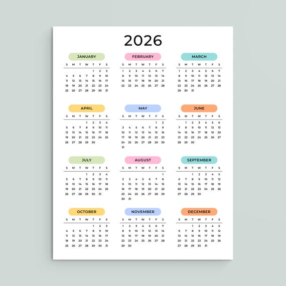 2026 Yearly Calendar 2026 Calendar Printable 2026 Wall Calendar Portrait A3 A4 US Letter Color Desk Planner 2026 PDF Sunday & Monday Start