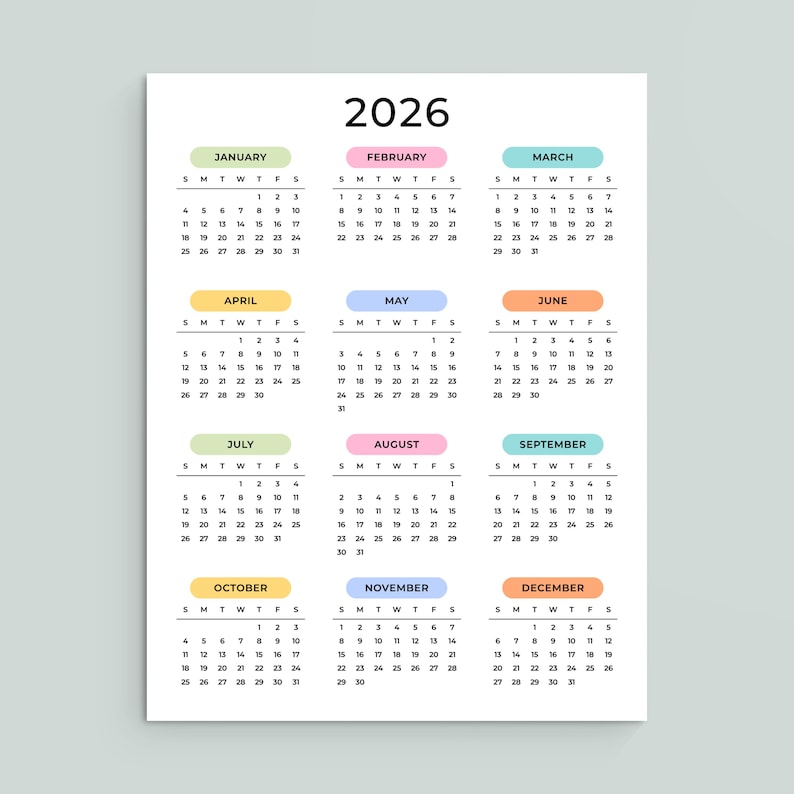 2026 Yearly Calendar 2026 Calendar Printable 2026 Wall Calendar Portrait A3 A4 US Letter Color Desk Planner 2026 PDF Sunday & Monday Start
