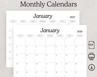 Kalender 2026 2027 2026-2027 Planner redactionele stijl maandkalender landschap zondag en maandag start wandkalender AFDRUKBARE pdf A4-brief