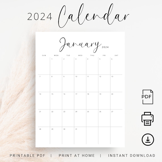 2024 Calendar 2024 Monthly Planner Printable Vertical Monthly Calendar  Sunday & Monday Start 2024 Wall Calendar A4 Letter Size Agenda 2024 