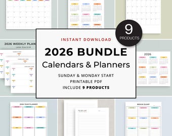 2026 Planner Bundle Printable Calendar & Planner Pack Yearly Monthly Weekly Planners To Do List Notes Brain Dump A3 A4 Letter Color