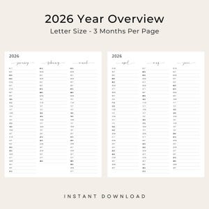 2026 Yearly Planner 2026 Year at a Glance Calendar 3 Months Per Page 2026 Yearly Overview Calendar Portrait Elegant PRINTABLE PDF Download