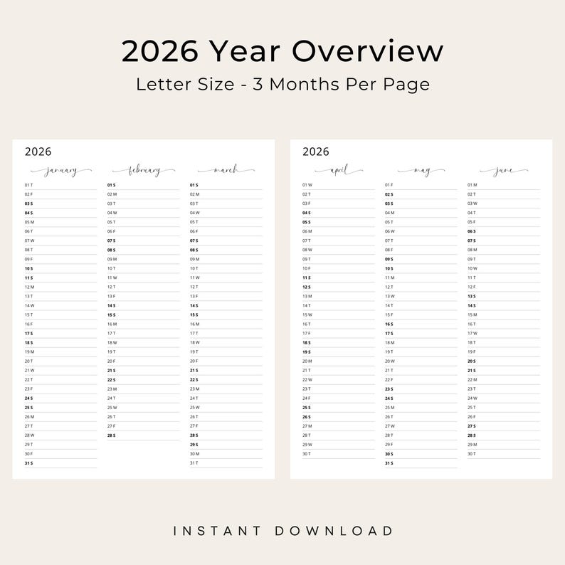 2026 Yearly Planner 2026 Year at a Glance Calendar 3 Months Per Page 2026 Yearly Overview Calendar Portrait Elegant PRINTABLE PDF Download