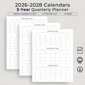 Peut inclure: Trois pages blanches d'un planificateur trimestriel sur 3 ans pour 2026-2028. Les calendriers sont au format lettre et A4, avec un début le dimanche et le lundi. Le texte comprend les années et les mois.