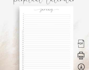 Perpetual Calendar Perpetual Birthday Calendar Monthly Planner Portrait Elegant A4 Letter Size Instant Download