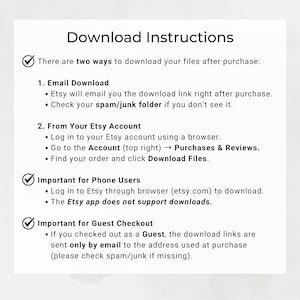 May include: A white paper with the title "Download Instructions" and bulleted steps for downloading files after purchase. Includes instructions for email and Etsy account downloads, and notes for phone users and guest checkout.