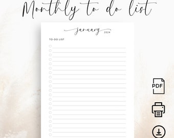 2024 Monthly To Do List 2024 Printable Todo List 2024 Monthly Planner 2024 Monthly Notes Vertical Daily To Do List Checklist PDF A4 Letter