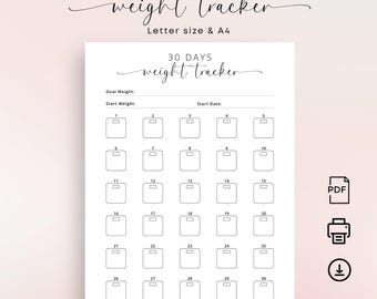 30 Days Weight Tracker Printable PDF Weight Loss Tracker Weight Loss Challenge Weight Loss Goal Planner Weight Record Elegant A4 Letter Size