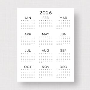 May include: A minimalist 2026 calendar printed on white paper. Each month is displayed with its days in a simple, easy-to-read format. The calendar is perfect for planning and organization.