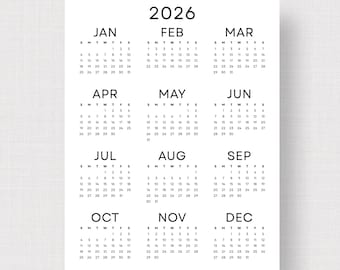 2026 Wall Calendar 2026 Yearly Calendar Printable PDF Minimalist Calendar 2026 Year at a Glance A3 A4 Letter Size Monday & Sunday Start