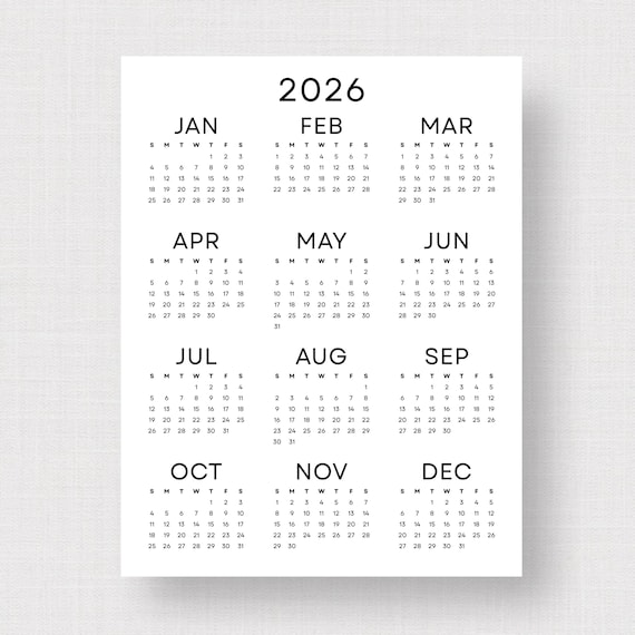 2026 Wall Calendar 2026 Yearly Calendar Printable PDF Minimalist Calendar 2026 Year at a Glance A3 A4 Letter Size Monday & Sunday Start
