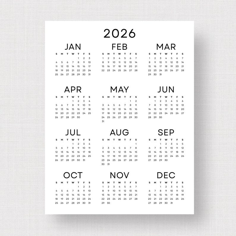 2026 Wall Calendar 2026 Yearly Calendar Printable PDF Minimalist Calendar 2026 Year at a Glance A3 A4 Letter Size Monday & Sunday Start