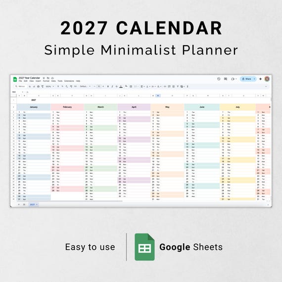 2027 Calendar Google Sheets Template 2027 Digital Planner Simple Minimalist Yearly Spreadsheet 2027 Online Calendar Template Easy to Use - Etsy