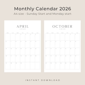 2026 Printable Calendar 2026 Planner Vertical Calendar Portrait LUXE Monthly Calendar A4 Letter Size Sunday & Monday Start 2026 Calendar PDF