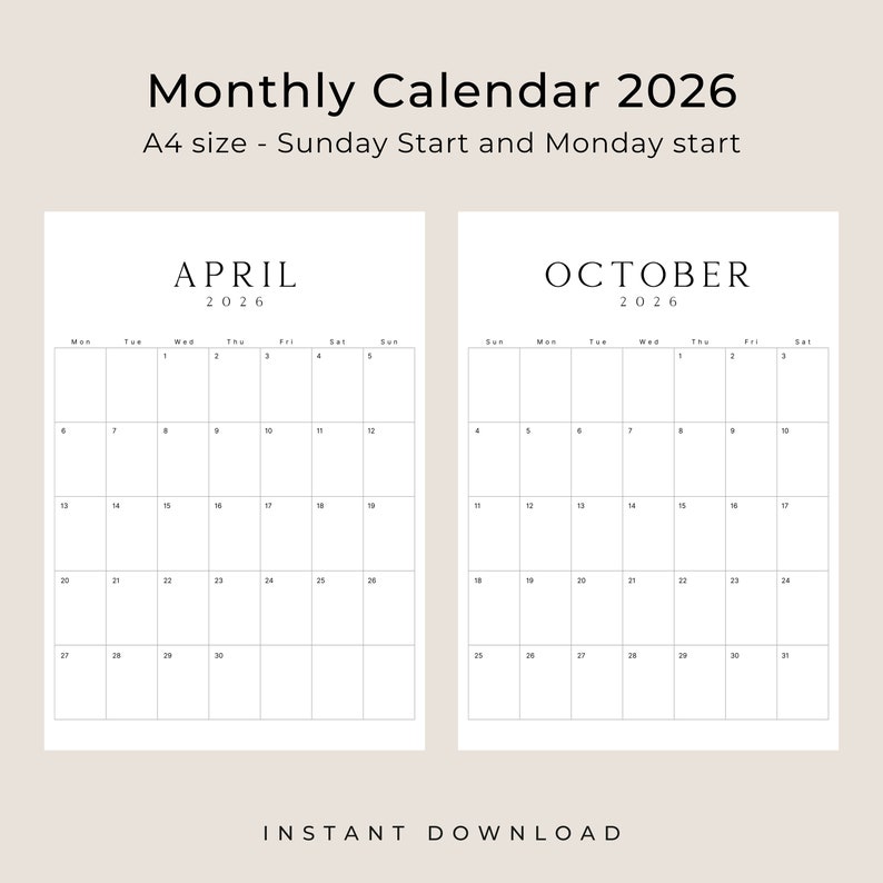 2026 Printable Calendar 2026 Planner Vertical Calendar Portrait LUXE Monthly Calendar A4 Letter Size Sunday & Monday Start 2026 Calendar PDF