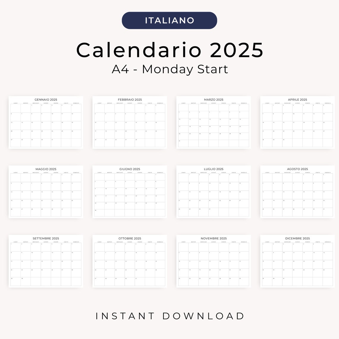2025 Calendario 2025 Calendario in Italiano Stampabile 2025 Italian Calendar 2025 PDF Monthly