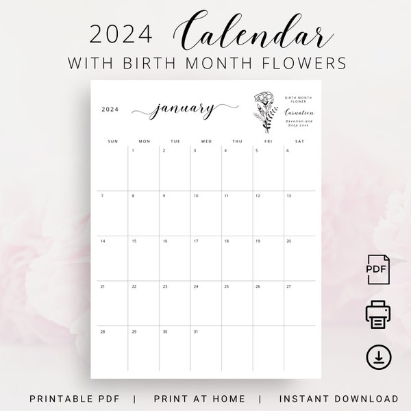 2024 Calendar 2024 Planner Vertical with Birth Month Flowers + Meaning 2024 Monthly Calendar A4 Letter Size Printable Wall Calendar 2024